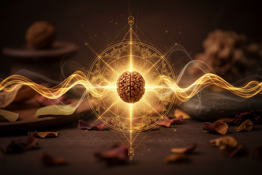 Rudraksha bead glowing with spiritual energy — beyond lab testing and material verification