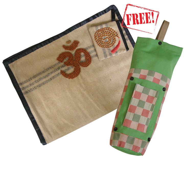 1 Mukhi Rudraksha Yoga Mat for Meditation and Spirituality, Woolen Aasan Mat for Meditation | Camel Color Woolen Mat | Yoga Rug | Woolen Pooja Mat with Yoga Mat Bag and Rudraksha mala for japa