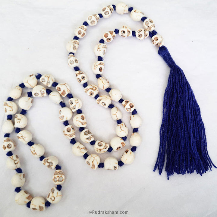Narmund Mala - Bone Mala, Skull Mala Necklace, 54 + 1 Beads Brown Eye Skull Beads Rosary, Kali Mala Rosary | Mund Mala in Ink Blue Thread