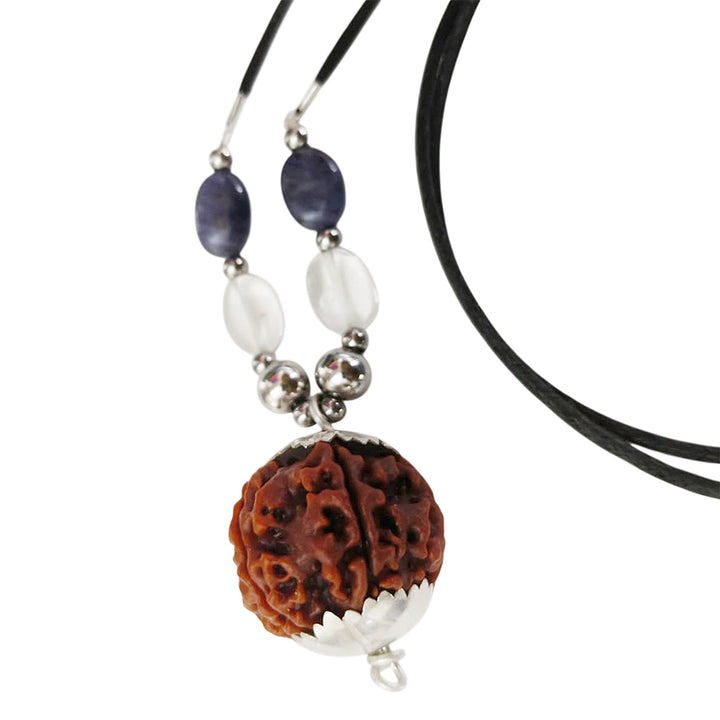 Capricorn Sun Sign Zodiac Pendant | Makar Rashi Pendant | A Combination of 6 Mukhi Rudraksha Bead Pendant with Blue Sapphire & Sphatik ( Crystal / Quartz ) Gemstone Beads | Energised Pendant