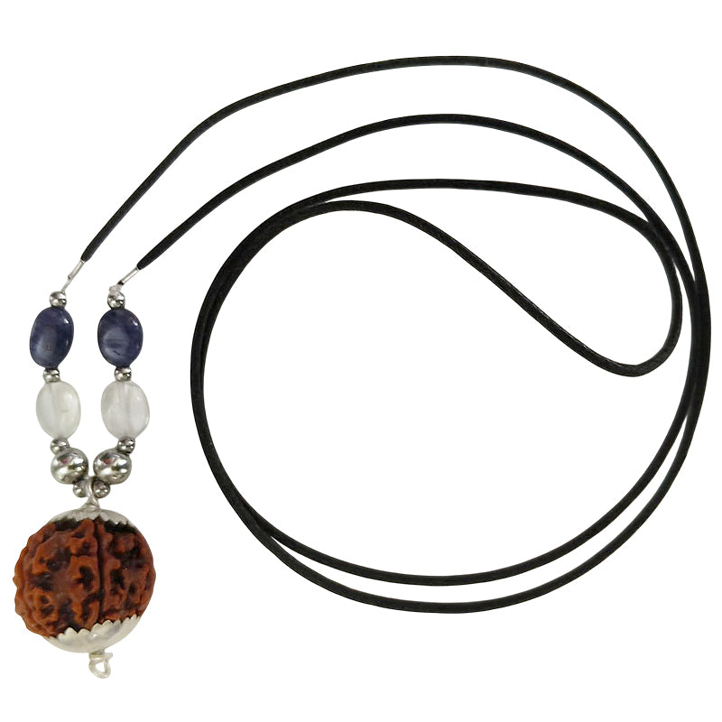 Capricorn Sun Sign Zodiac Pendant | Makar Rashi Pendant | A Combination of 6 Mukhi Rudraksha Bead Pendant with Blue Sapphire & Sphatik ( Crystal / Quartz ) Gemstone Beads | Energised Pendant