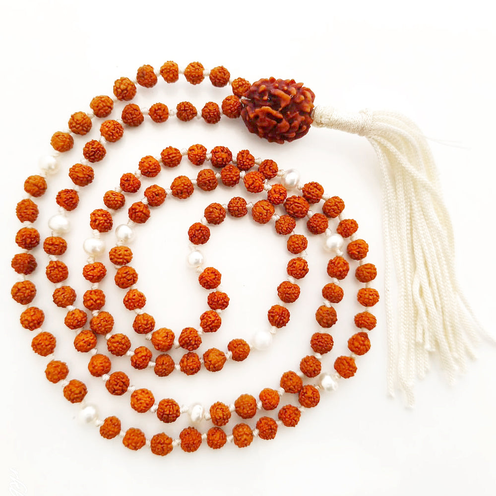 Rudraksha Beads – Pearl ( Moti ) combination Mala Rosary Hand knotted in Thread With 2 Mukhi Indian Rudraksha Bead, Moon Mala / Chandra Mala