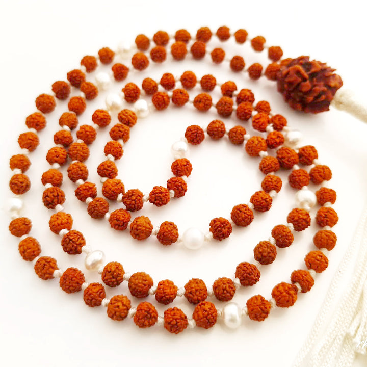 Rudraksha Beads – Pearl ( Moti ) combination Mala Rosary Hand knotted in Thread With 2 Mukhi Indian Rudraksha Bead, Moon Mala / Chandra Mala