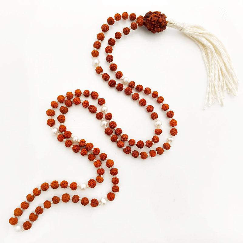Rudraksha Beads – Pearl ( Moti ) combination Mala Rosary Hand knotted in Thread With 2 Mukhi Indian Rudraksha Bead, Moon Mala / Chandra Mala