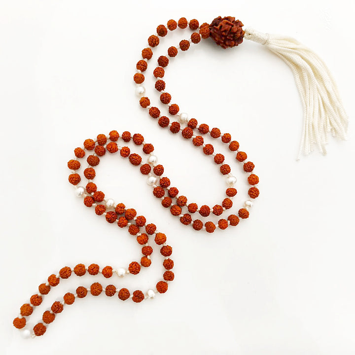 Rudraksha Beads – Pearl ( Moti ) combination Mala Rosary Hand knotted in Thread With 2 Mukhi Indian Rudraksha Bead, Moon Mala / Chandra Mala