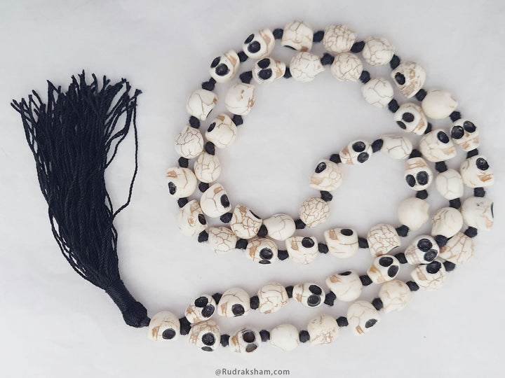 Narmund Mala - Black Eye Skull Rosary Skull Mala | Kali Mala Necklace | Mund Mala 54 + 1 Beads in black Thread with black tassel