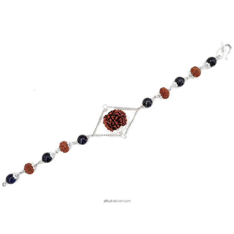 7 Mukhi Rudraksha and Lapis Lazuli Silver Bracelet | Seven Mukhi Rudraksha Beads Silver Bracelet | Saat Mukhi Rudraksha & Lapis Lazuli Beads wrist Bracelet with Silver Caps