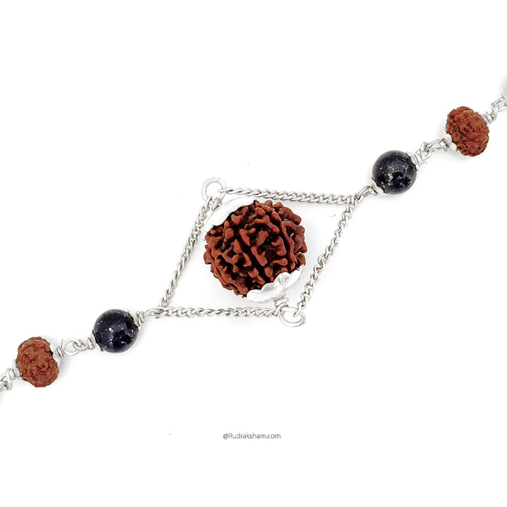 7 Mukhi Rudraksha and Lapis Lazuli Silver Bracelet | Seven Mukhi Rudraksha Beads Silver Bracelet | Saat Mukhi Rudraksha & Lapis Lazuli Beads wrist Bracelet with Silver Caps