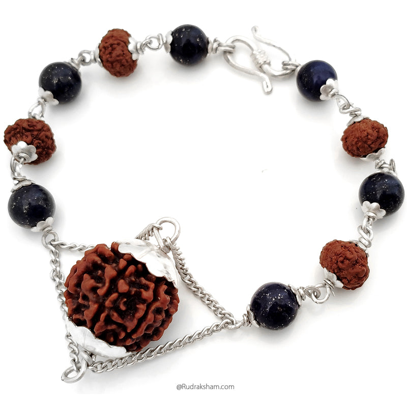 7 Mukhi Rudraksha and Lapis Lazuli Silver Bracelet | Seven Mukhi Rudraksha Beads Silver Bracelet | Saat Mukhi Rudraksha & Lapis Lazuli Beads wrist Bracelet with Silver Caps
