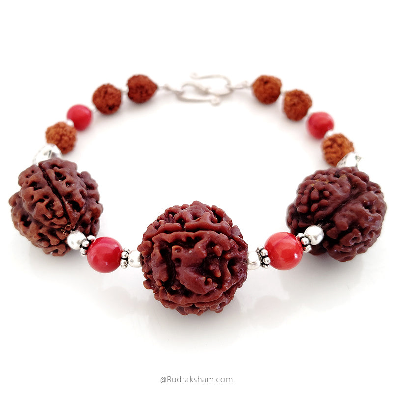  Aries Zodiac Sun Sign Bracelet | Mesha ( Mesh ) Rashi Bracelet | A Combination of 3 Mukhi Rudraksha and 5 Mukhi Rudraksha with Coral Gemstone Beads in Silver | Energised Bracelet