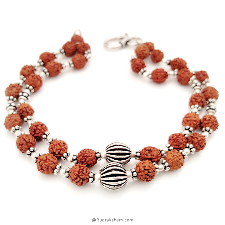 Double Bracelet, 2 Line Bracelet, Double Strand Bracelet, Rudraksha Beads 2 Line Bracelet, 5 Mukhi Rudraksha Double strand Bracelet with Silver accessories - 1