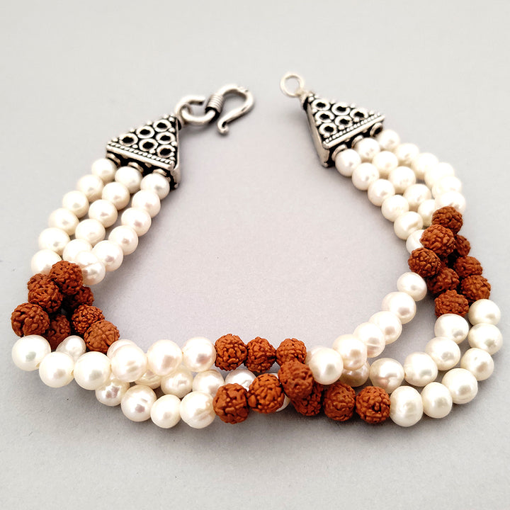Pearl (Moti) - Rudraksha Beads Bracelet, Triple Bracelet, 3 Line Bracelet, Three Strand Bracelet, Pearl and 5 Mukhi Rudraksha Triple strand Bracelet with Silver accessories, Moon / Chandra Gemstone  - Pearl - Moti