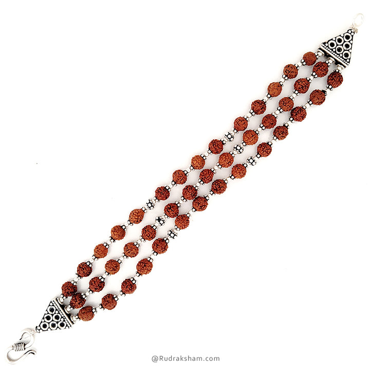  5 Mukhi Rudraksha Triple strand Bracelet with Silver accessories