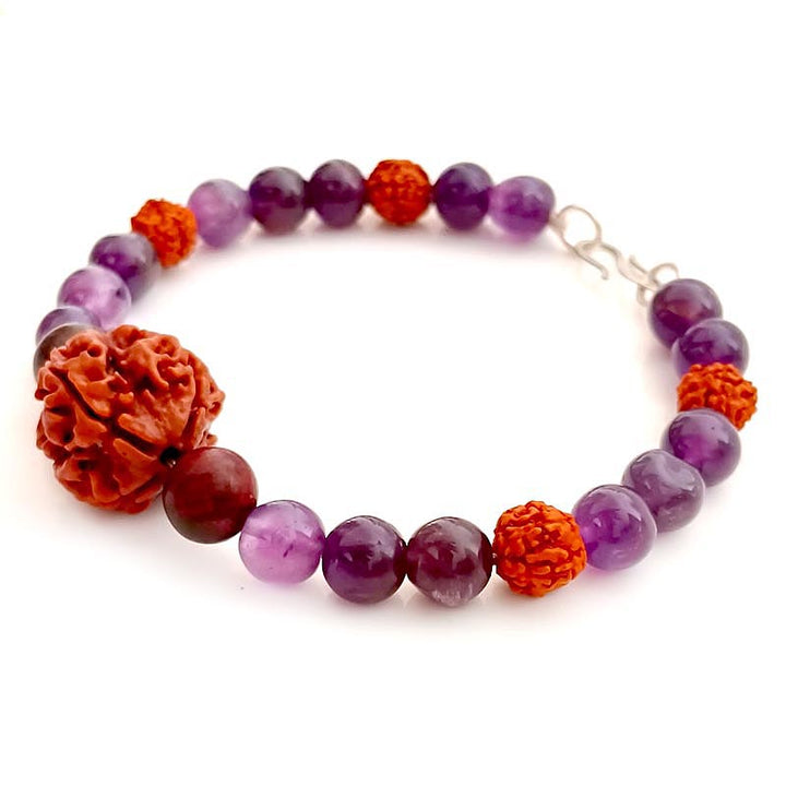 The Saraswati Viveka Bracelet: 4 Mukhi, Amethyst & Red Sandalwood for Mental Clarity