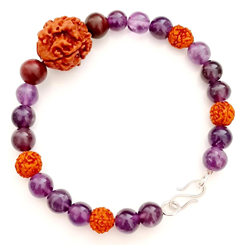 The Saraswati Viveka Bracelet: 4 Mukhi, Amethyst & Red Sandalwood for Mental Clarity
