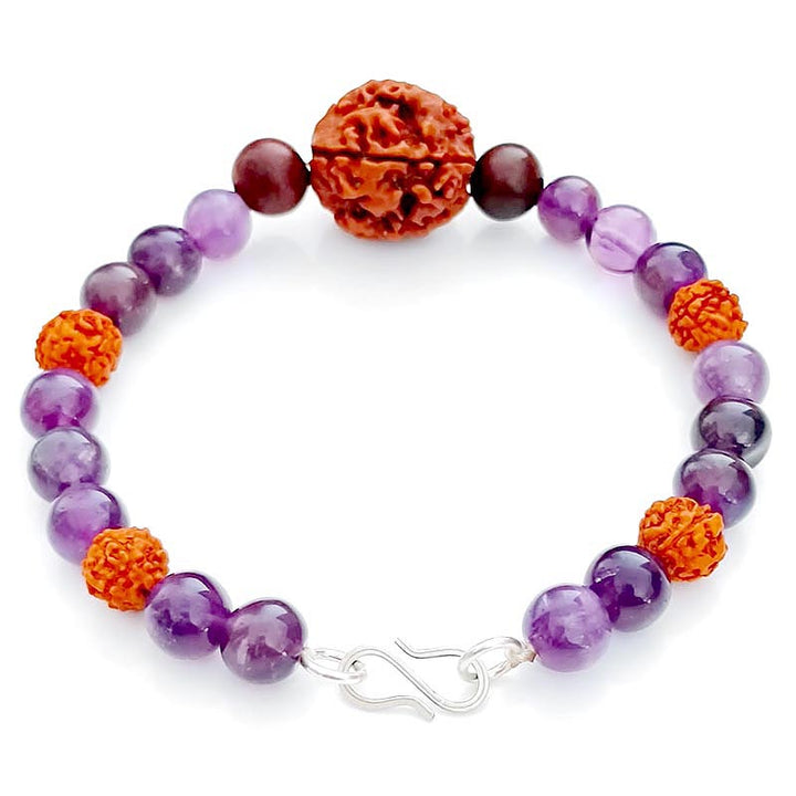 The Saraswati Viveka Bracelet: 4 Mukhi, Amethyst & Red Sandalwood for Mental Clarity