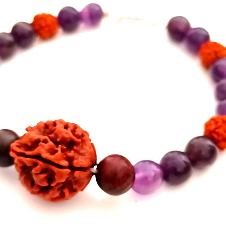 The Saraswati Viveka Bracelet: 4 Mukhi, Amethyst & Red Sandalwood for Mental Clarity