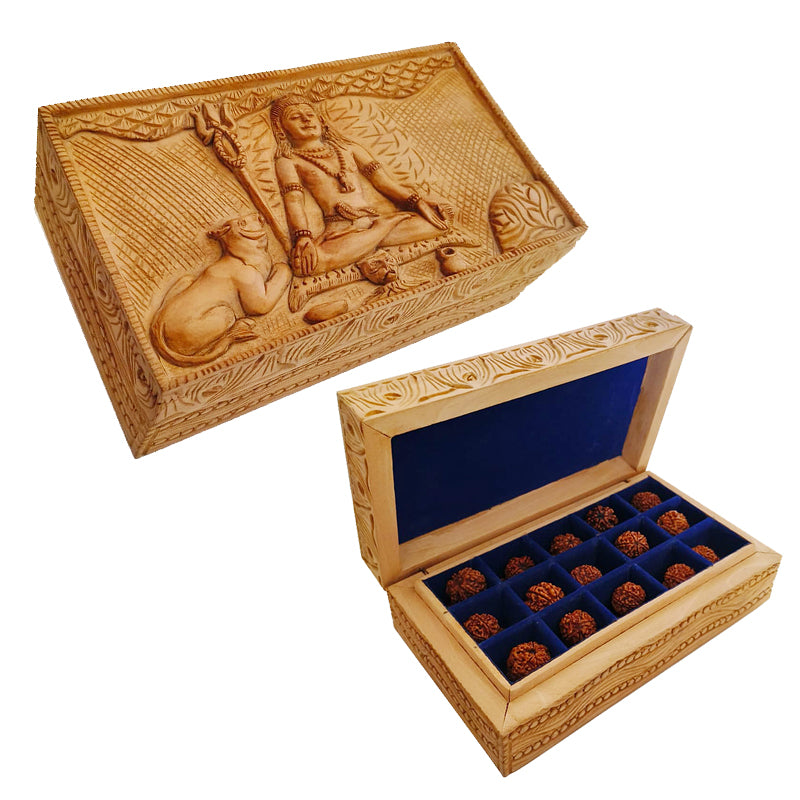 Ek Mukhi to 14 Mukhi Rudraksha Beads Set Wooden Box with Gauri Shankar Bead | Top Quality High Grade Beads Collectors Item with Box
