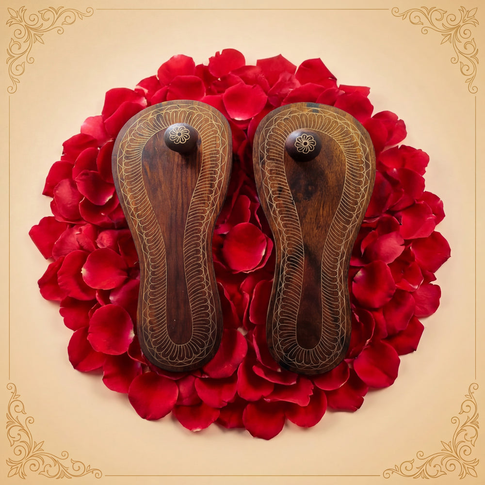 10 Inches Charan Paduka Brass, Traditional Wooden Charan Paduka with Brass Inlay Work for Sadhu Saints, Wooden Khadau, Lakshmi Charan
