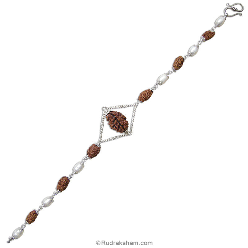 2 Mukhi Rudraksha and Pearl Silver Bracelet | Two Mukhi Rudraksha Indian & Java Beads Silver Bracelet | Do Mukhi Rudraksha & Pearl Beads wrist Bracelet with Silver Caps