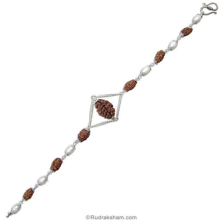 2 Mukhi Rudraksha and Pearl Silver Bracelet | Two Mukhi Rudraksha Indian & Java Beads Silver Bracelet | Do Mukhi Rudraksha & Pearl Beads wrist Bracelet with Silver Caps
