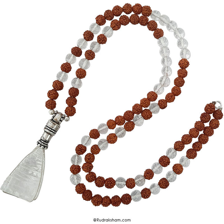Rudraksha Beads - Sphatik / Crystal / Quartz Diamond Cut Beads with Shree Yantra Silver Pendant Mala Necklace | Sphatik Shree Yantra Pendant