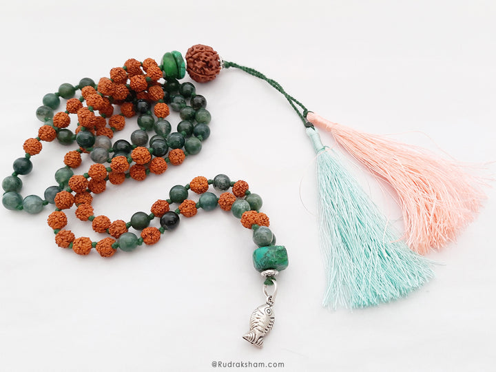  Moss Agate and Turquoise bead Silver Necklace with Fish Pendant