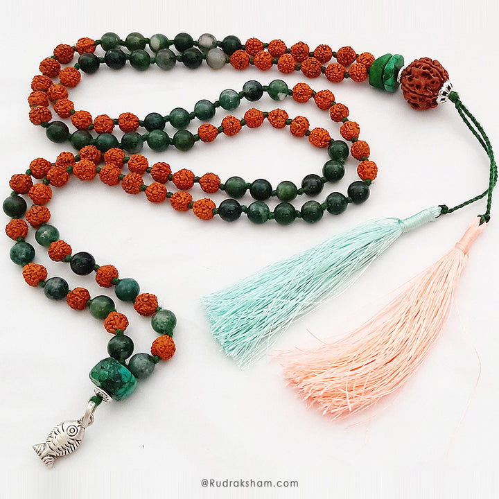 Rudraksha, Moss Agate and Turquoise Gemstone bead Mala Necklace with sterling silver Fish Pendant | 5 Mukhi Rudraksha Bead & twin Tassel