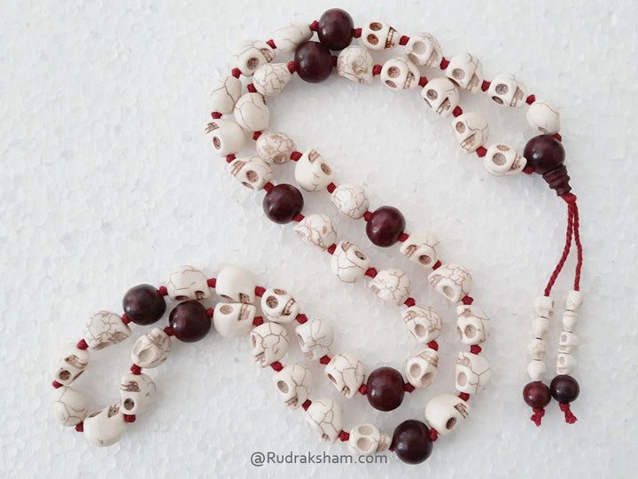 Narmund - Skull Beads and Red Sandalwood Beads Mala Rosary | Mund Mala with Chandan Beads | Skull Necklace