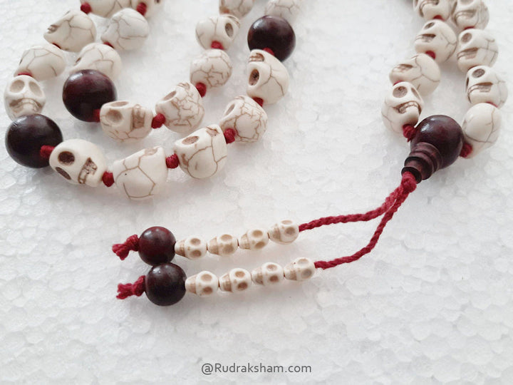 Narmund - Skull Beads and Red Sandalwood Beads Mala Rosary | Mund Mala with Chandan Beads | Skull Necklace