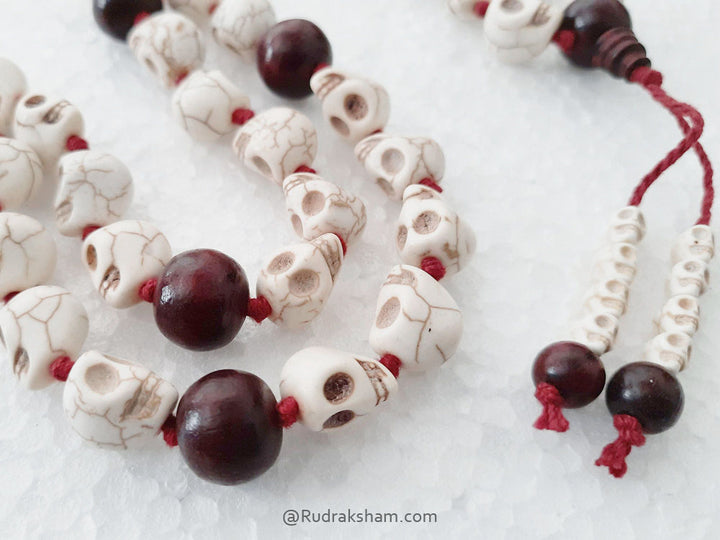 Narmund - Skull Beads and Red Sandalwood Beads Mala Rosary | Mund Mala with Chandan Beads | Skull Necklace
