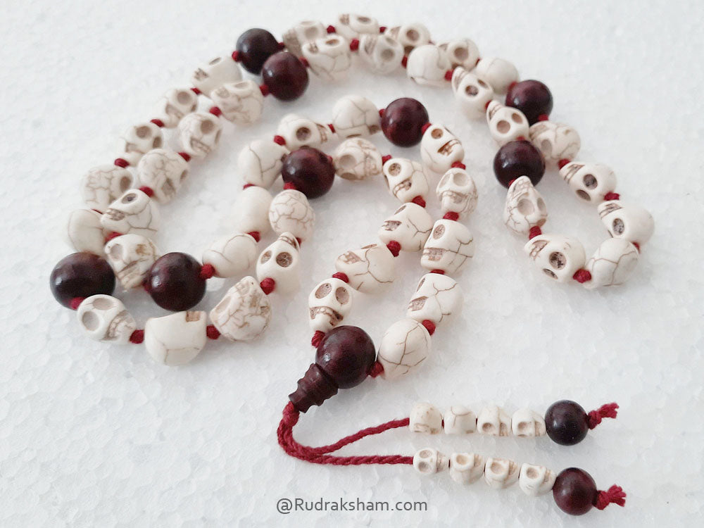 Narmund - Skull Beads and Red Sandalwood Beads Mala Rosary | Mund Mala with Chandan Beads | Skull Necklace