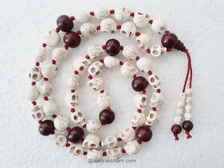 Narmund - Skull Beads and Red Sandalwood Beads Mala Rosary | Mund Mala with Chandan Beads | Skull Necklace