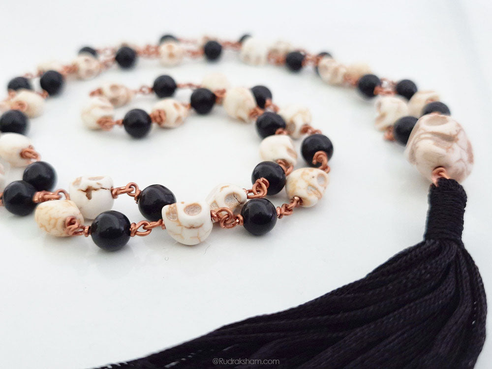 Original Kali Hakik and Mund ( Narmund ) Mala Necklace in Copper wire | Natural Black Agate with Skull Beads Rosary 54+1 Beads In Copper