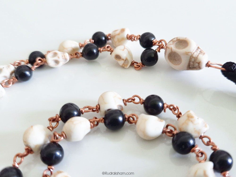 Original Kali Hakik and Mund ( Narmund ) Mala Necklace in Copper wire | Natural Black Agate with Skull Beads Rosary 54+1 Beads In Copper