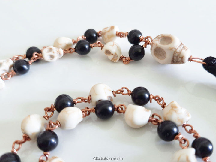 Original Kali Hakik and Mund ( Narmund ) Mala Necklace in Copper wire | Natural Black Agate with Skull Beads Rosary 54+1 Beads In Copper