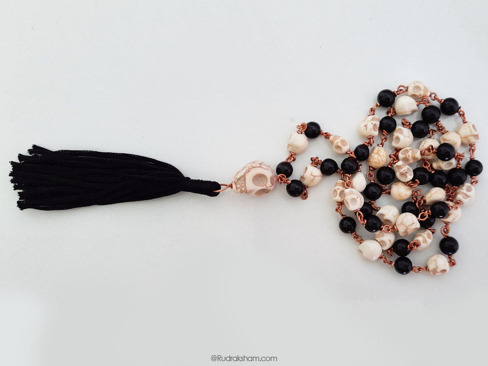 Original Kali Hakik and Mund ( Narmund ) Mala Necklace in Copper wire | Natural Black Agate with Skull Beads Rosary 54+1 Beads In Copper