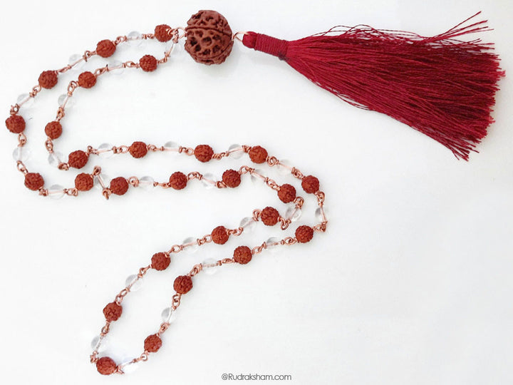 6mm Rudraksha Sphatik Mala | Rudraksha Crystal Beads Combination Mala Necklace For Planet Venus | Rudraksha Sphatik Mala Rosary In Copper