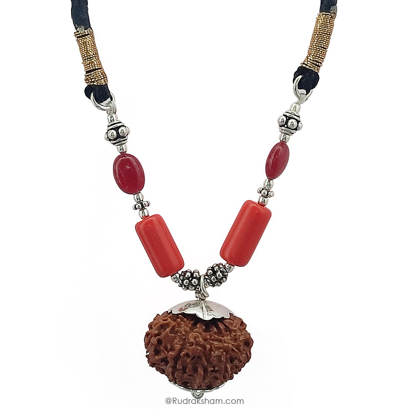 Leo Sun Sign Zodiac Pendant | Singh Rashi Pendant | A Combination of 12 Mukhi Rudraksha Bead Pendant with Red Coral & Red Ruby Gemstone Beads in Silver | Energised Pendant