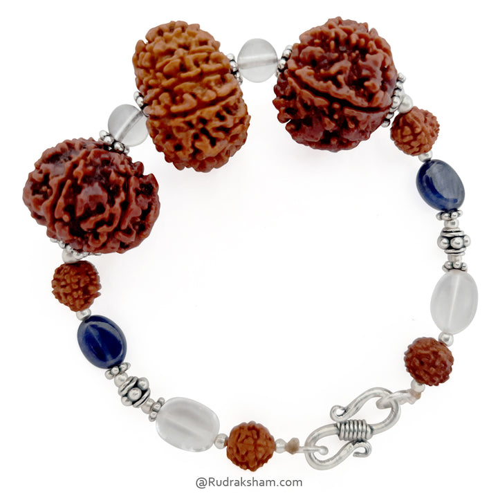 Aquarius Zodiac Sun Sign Bracelet | Kumbh ( Kumbha ) Rashi Bracelet | A Combination of 6 Mukhi Rudraksha, 7 Mukhi Rudraksha and 11 Mukhi Rudraksha Bead with Blue Sapphire & Sphatik ( Quartz / Crystal )  Gemstone Beads in Silver | Energised Bracelet
