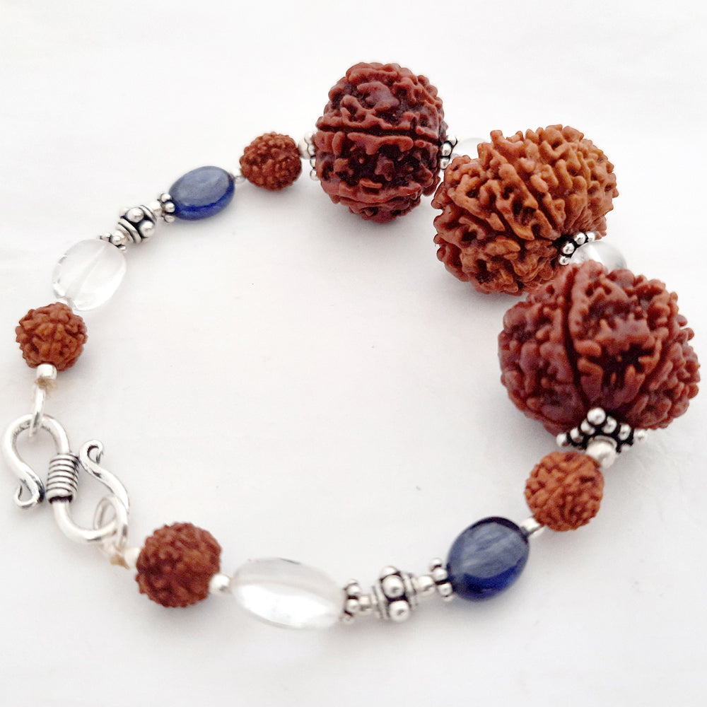  7 Mukhi Rudraksha and 11 Mukhi Rudraksha Bead with Blue Sapphire & Sphatik ( Quartz / Crystal )  Gemstone Beads in Silver | Energised Bracelet
