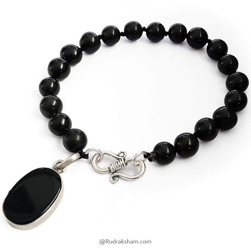 Natural Black Agate ( Kali Hakik )  Smooth Round Beads Mala Bracelet with Black Onyx Silver Pendant | Protection from Evil eye