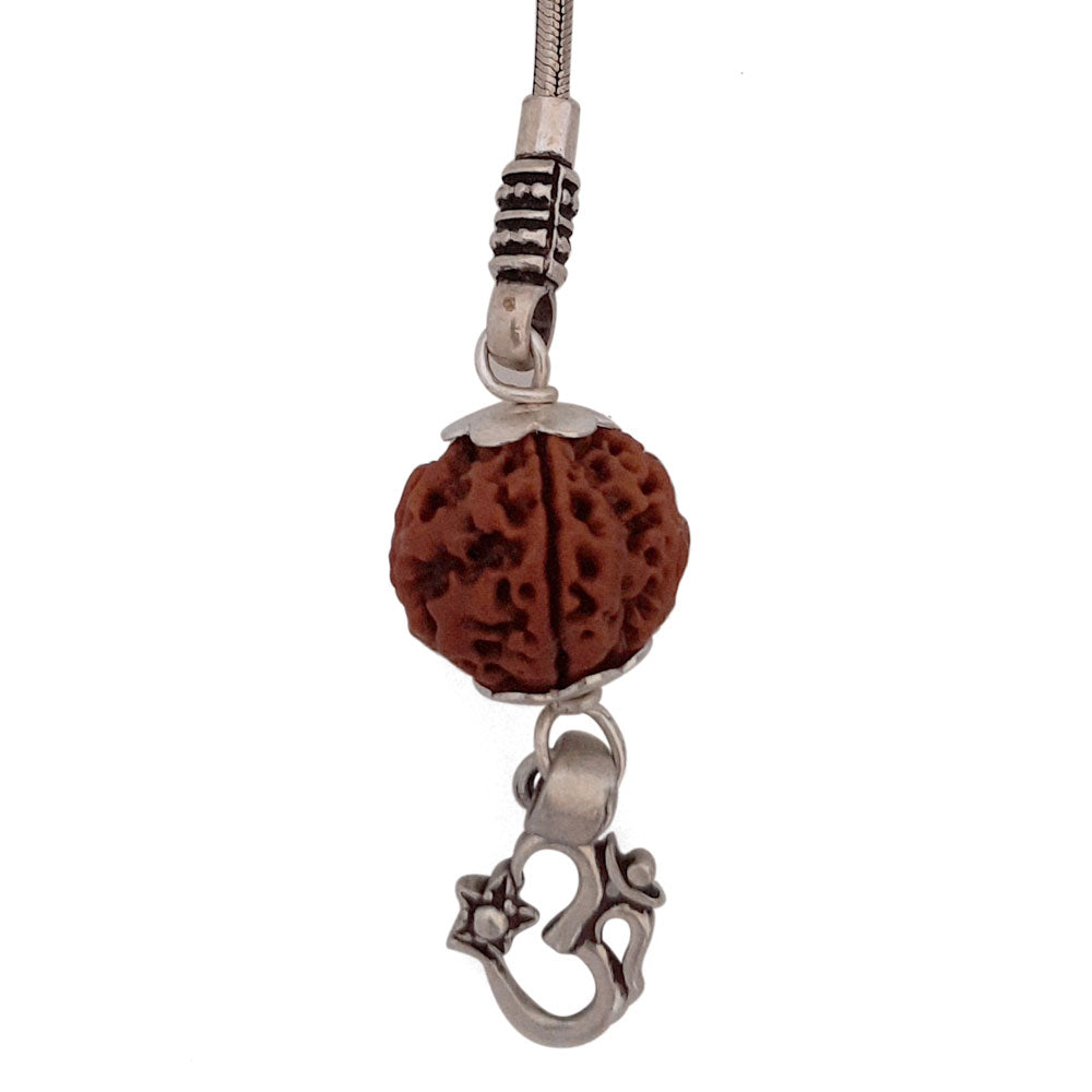 5 Mukhi Nepal Rudraksha Bead Pendant Silver Key Chain with OM Pendant