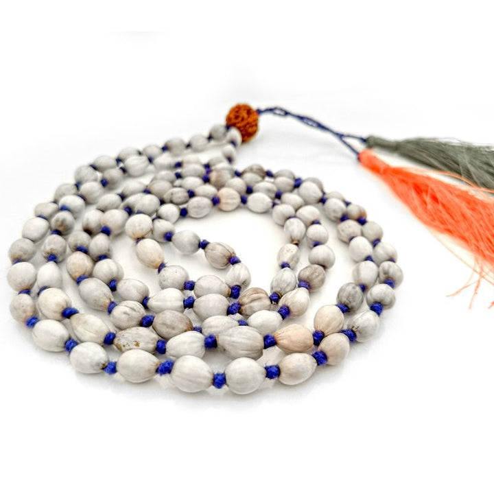 White Vaijanti Beads Japa Mala 108 Beads with 5 ( Panch, Five ) Mukhi Rudraksha Guru bead | Job's Tears Vaijanti Beads Hand knotted Krishna Japa Mala with Twin Tassel