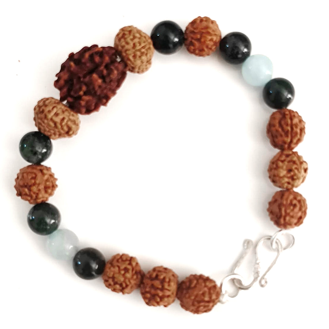 Shanti Vaani Bracelet: 2 Mukhi & 10 Mukhi Rudraksha with Aquamarine & Moss Agate for Tranquil Communication