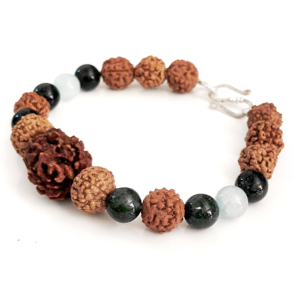 Shanti Vaani Bracelet: 2 Mukhi & 10 Mukhi Rudraksha with Aquamarine & Moss Agate for Tranquil Communication