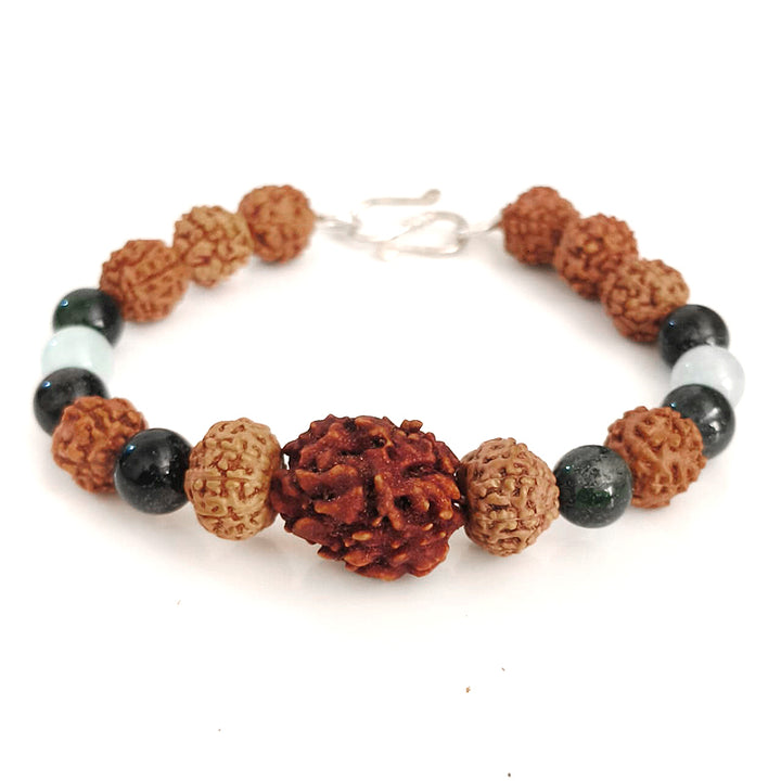 Shanti Vaani Bracelet: 2 Mukhi & 10 Mukhi Rudraksha with Aquamarine & Moss Agate for Tranquil Communication
