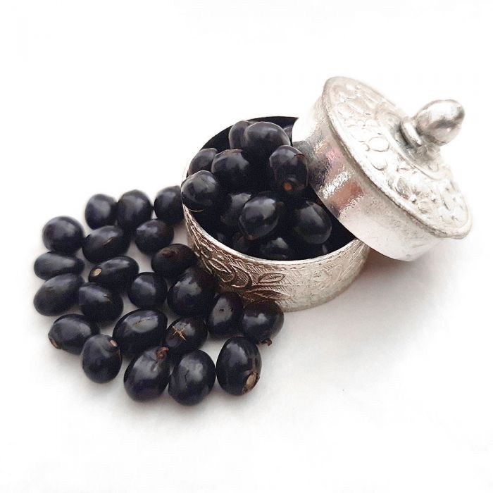 Black Chirmi Beads in Copper Box Engraved With Silver Polish, Black Gunja Seeds, Kaali Gunja Beads 21 beads in box, To remove Black Magic & Evil, Bring Good Luck and Wealth