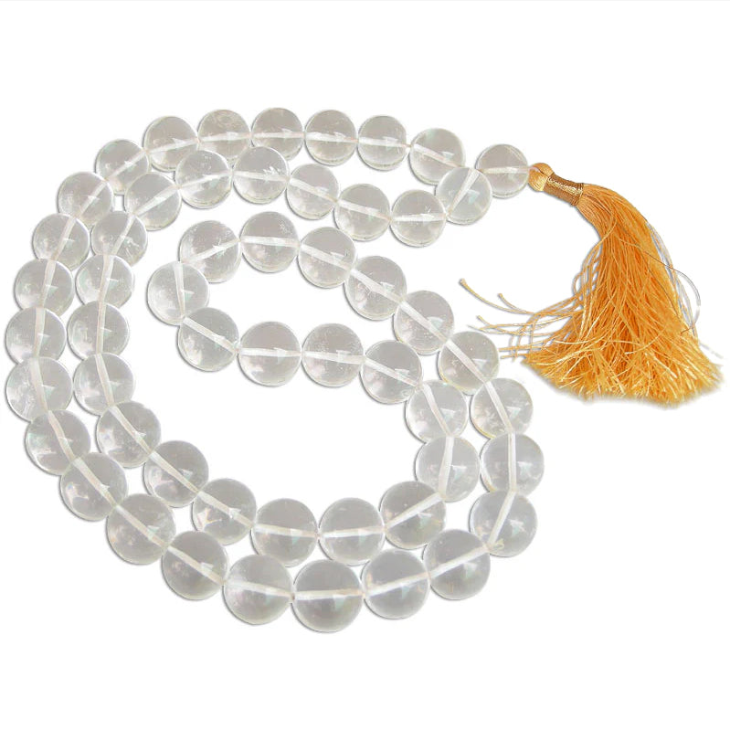 12 mm Natural Sphatik Mala | Original High Quality Clear Plain Beads Crystal / Quartz Stone Rosary | Smooth Round Beads Crystal Gemstone Mala Necklace