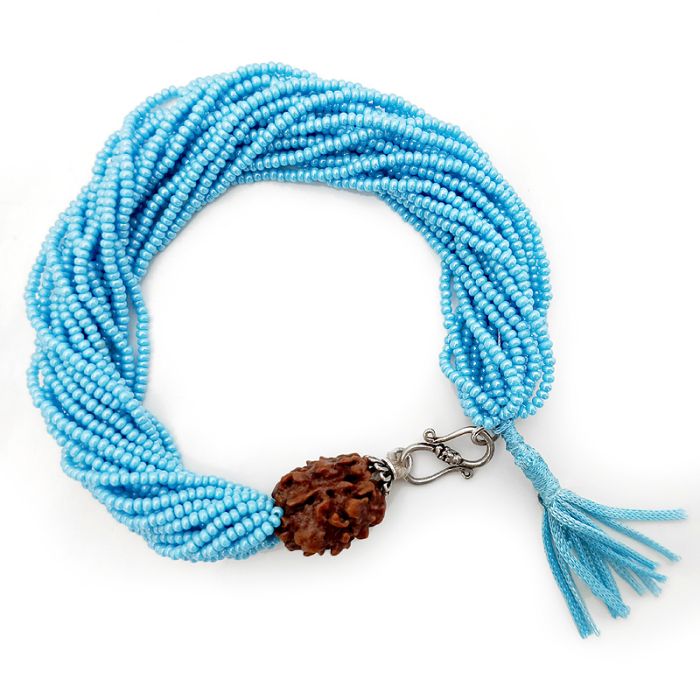 2 Mukhi Rudraksha with Sky Blue Seed Beads Bracelet, Do Mukhi Rudraksha Mala Bracelet with Seed Beads, Original Two Mukhi Indian Rudraksha